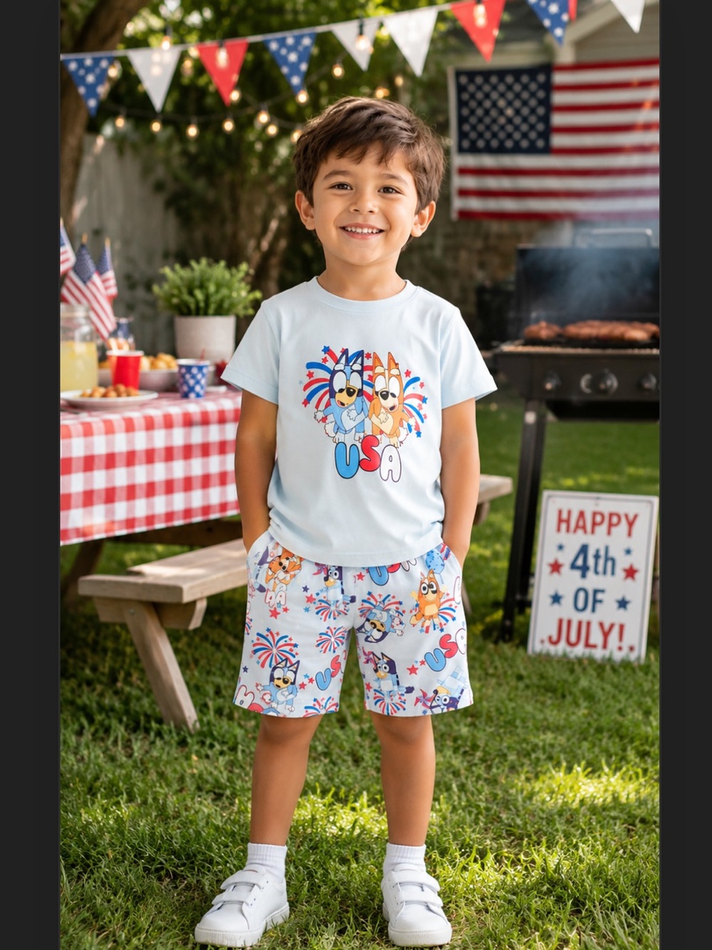 LAST ONE! New Boys Bluey & Friends Theme Patriotic Labor Day Short Set Boutique